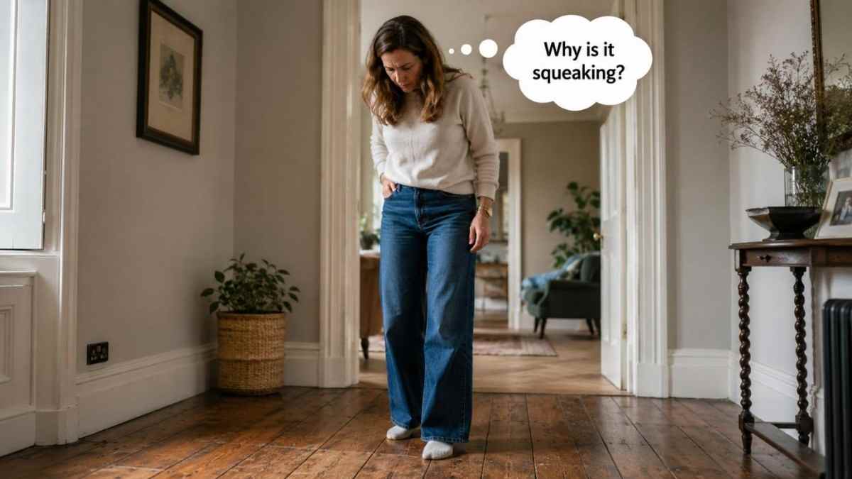 Woman in a Dublin period home looking down at an original wooden floorboard with visible age, grain and small gaps, while a thought bubble asks, “Why is it squeaking?”