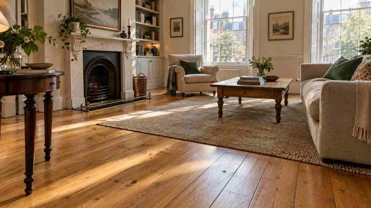 Luxuriously restored original wooden floor in a Dublin period home, showing natural timber grain and warm tones after professional floor restoration.