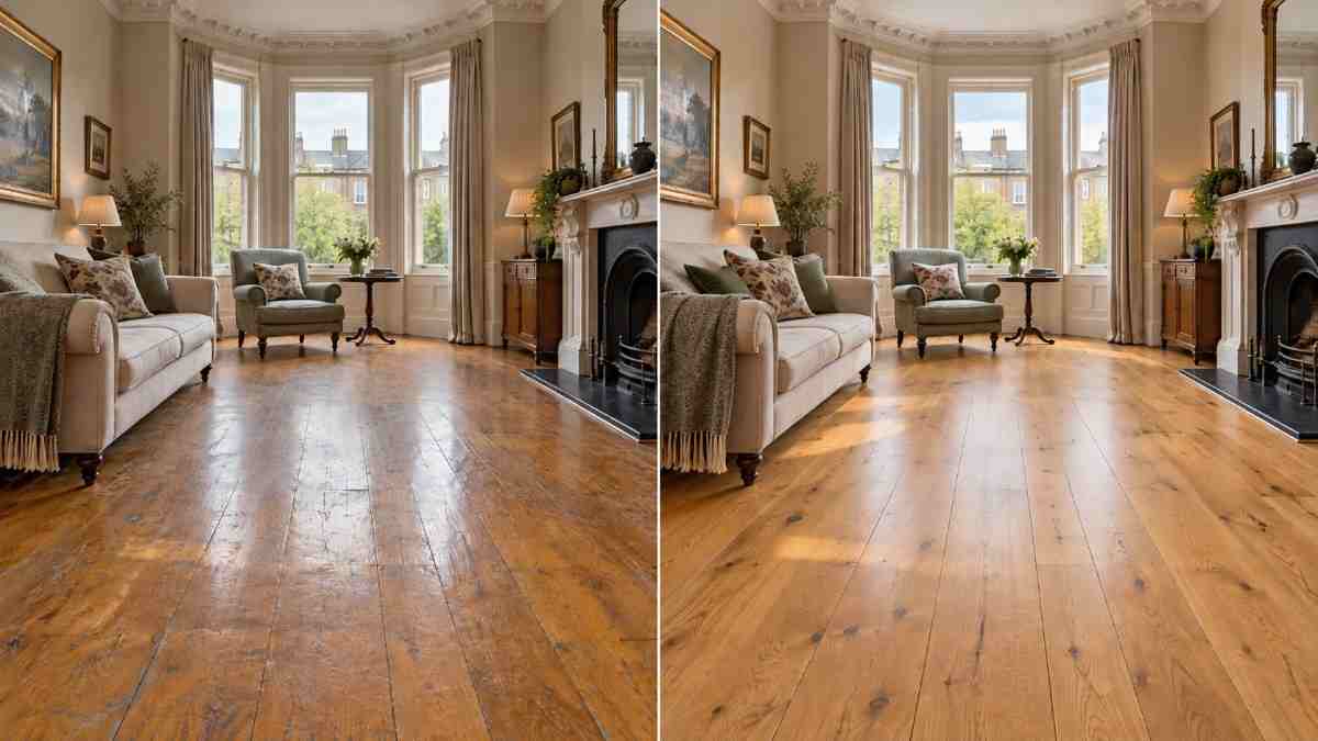 AI-generated photorealistic before-and-after comparison of an original oak floor in a Dublin period home, showing worn varnish and scratches before restoration and a beautifully sanded, naturally finished wooden floor afterwards.